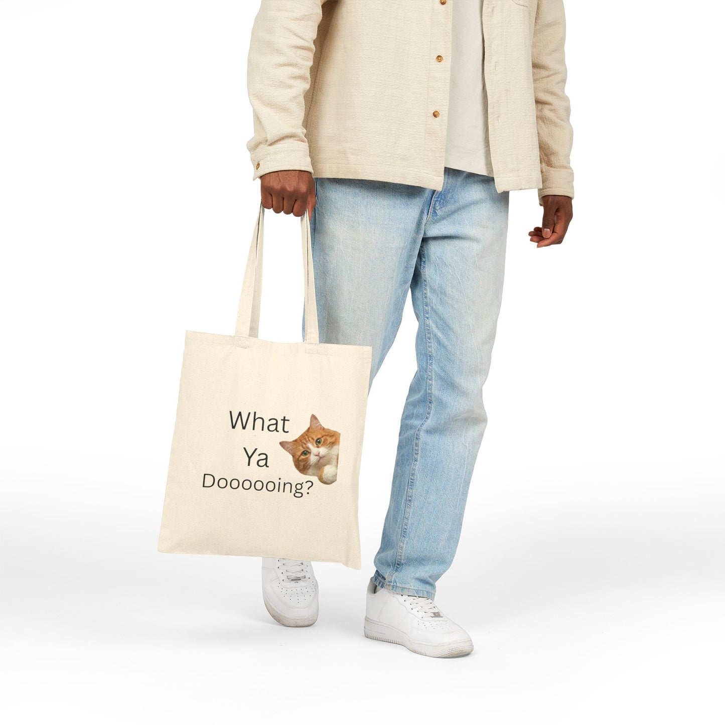 What Ya Dooooing Cat Meme Tote Bag | Funny Orange Tabby Kitten | Cute Animal Humor Canvas Bag | Gift for Cat Lovers