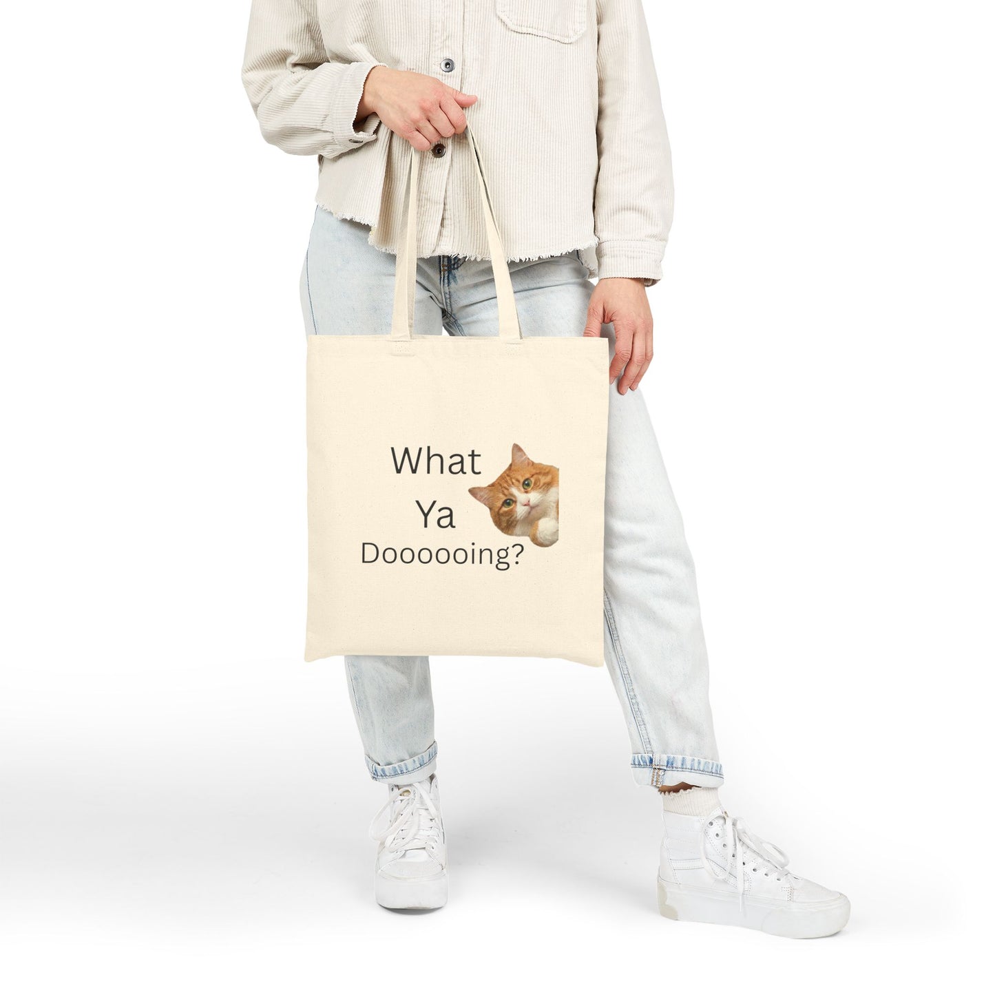 What Ya Dooooing Cat Meme Tote Bag | Funny Orange Tabby Kitten | Cute Animal Humor Canvas Bag | Gift for Cat Lovers