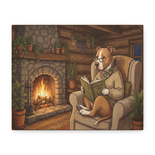 Cozy Dog Reading Canvas Print | Cottagecore Wall Art | Book Lover Gift | Botanical Home Decor | Literary Pet Art | Bookish Nursery