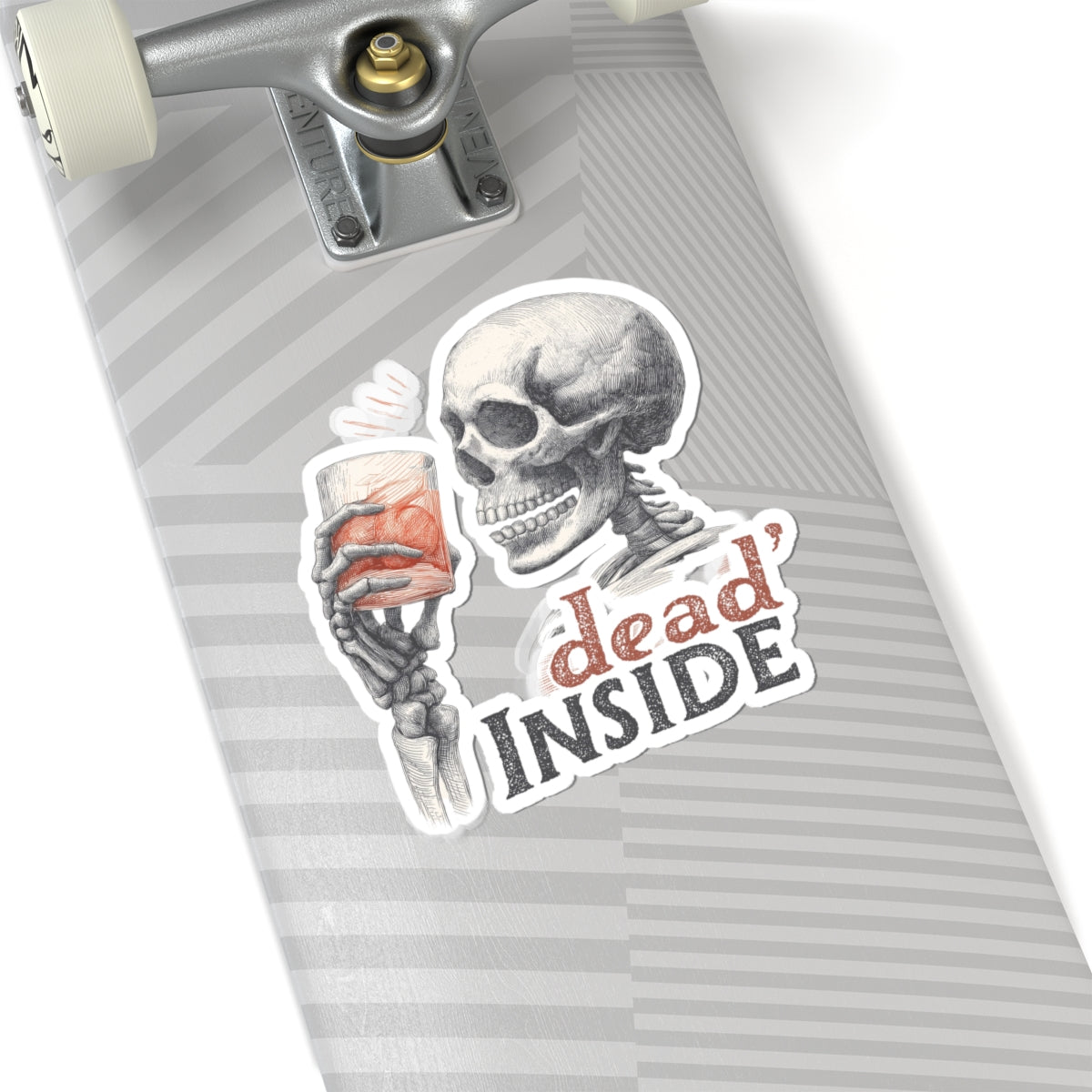 Dead Inside Skeleton Drinking Kiss-Cut Sticker, Funny Quote Dark Humor Halloween End Times Decal, Laptop, Water Bottle Stickers, Car Decals