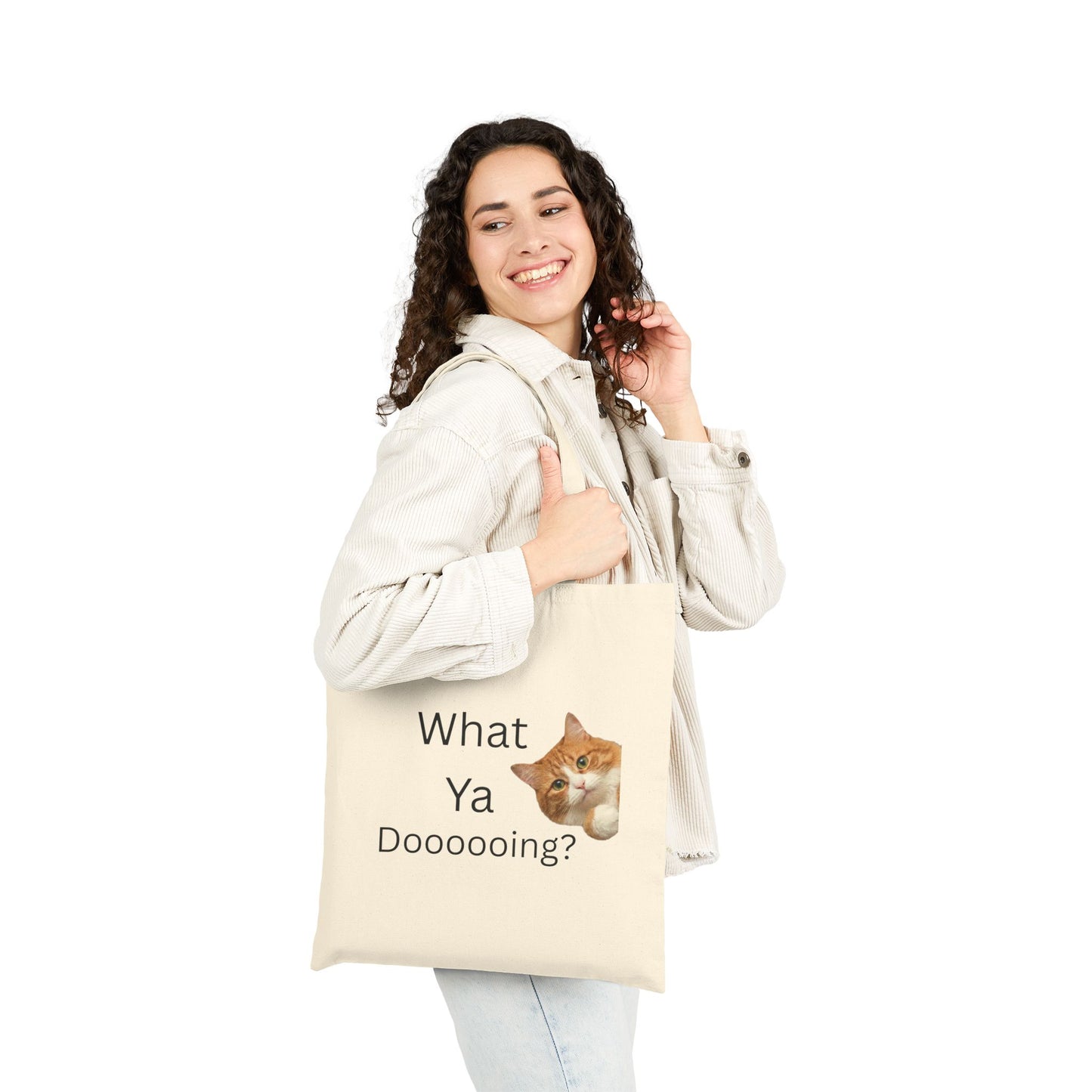 What Ya Dooooing Cat Meme Tote Bag | Funny Orange Tabby Kitten | Cute Animal Humor Canvas Bag | Gift for Cat Lovers