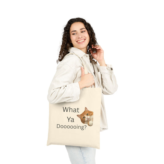 What Ya Dooooing Cat Meme Tote Bag | Funny Orange Tabby Kitten | Cute Animal Humor Canvas Bag | Gift for Cat Lovers