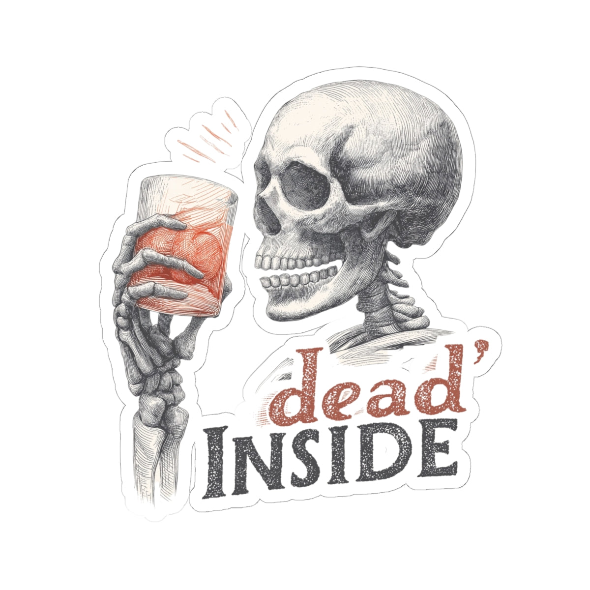 Dead Inside Skeleton Drinking Kiss-Cut Sticker, Funny Quote Dark Humor Halloween End Times Decal, Laptop, Water Bottle Stickers, Car Decals