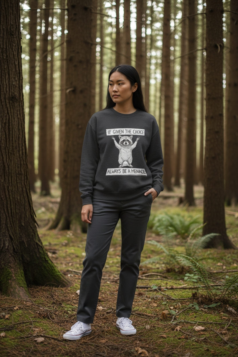Funny Raccoon Sweatshirt - If Given The Choice Always Be A Menace - Chaotic Animal Lover Gift - Trash Panda Humor Crewneck Heavy Weight