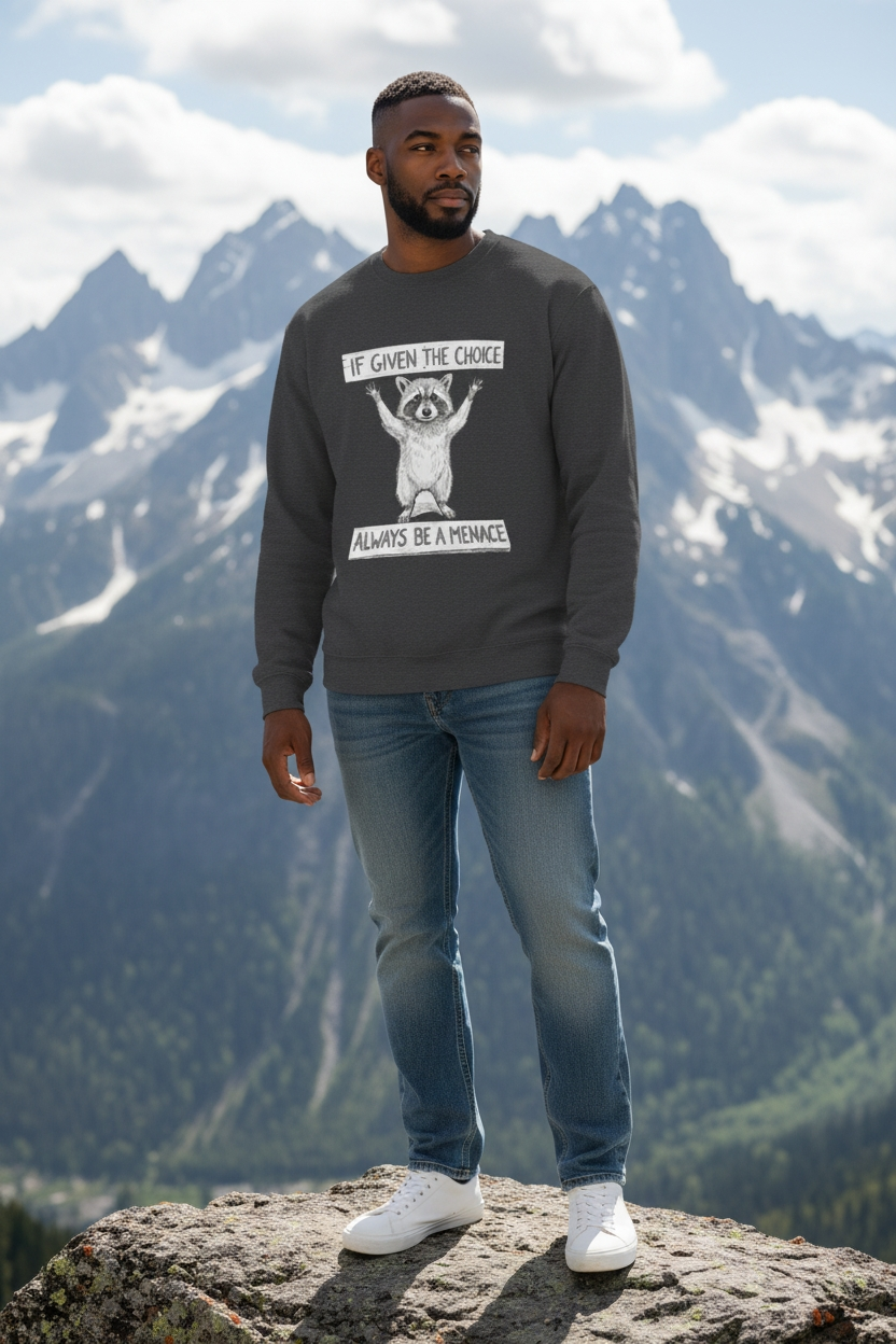 Funny Raccoon Sweatshirt - If Given The Choice Always Be A Menace - Chaotic Animal Lover Gift - Trash Panda Humor Crewneck Heavy Weight