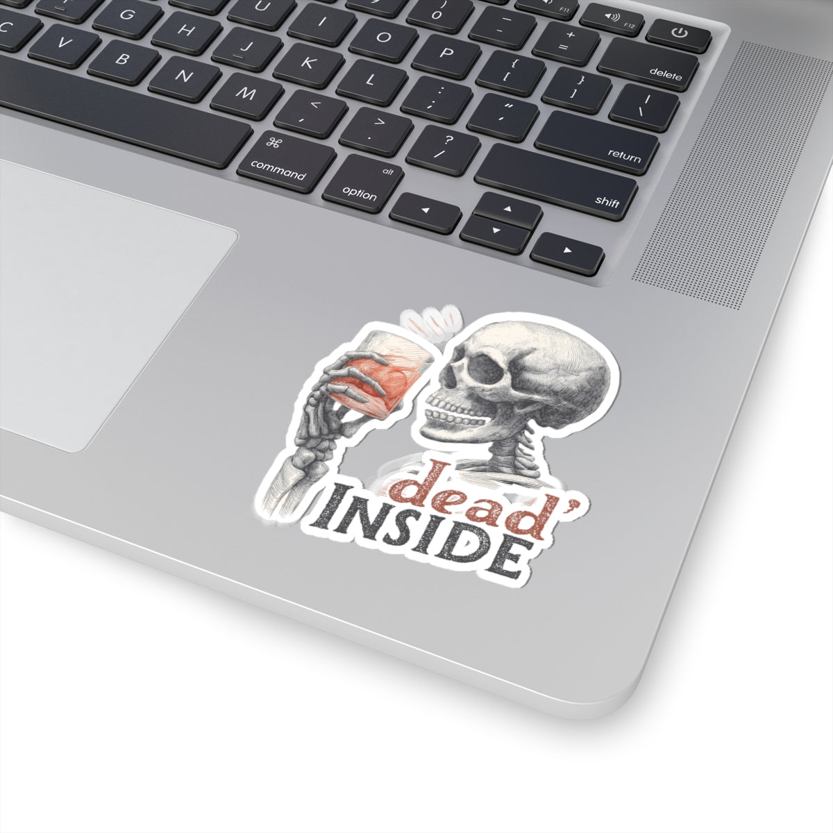 Dead Inside Skeleton Drinking Kiss-Cut Sticker, Funny Quote Dark Humor Halloween End Times Decal, Laptop, Water Bottle Stickers, Car Decals