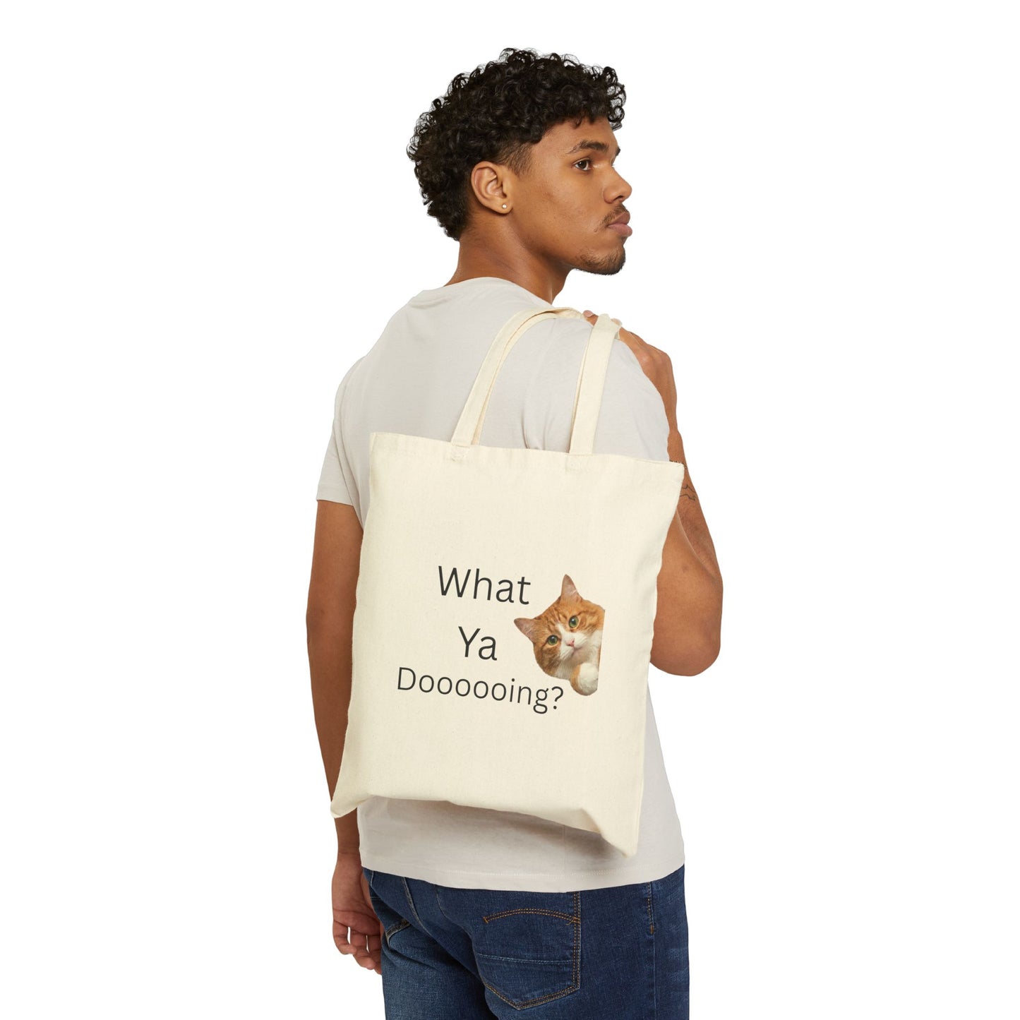 What Ya Dooooing Cat Meme Tote Bag | Funny Orange Tabby Kitten | Cute Animal Humor Canvas Bag | Gift for Cat Lovers